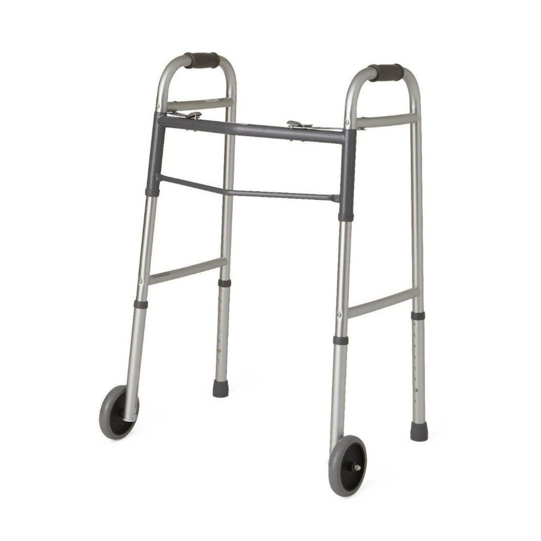The Medline Guardian Two-Button Folding Walker features a lightweight aluminum frame, 5 front wheels, durable steel cross brace, padded handles, and side grips for comfortable mobility assistance.